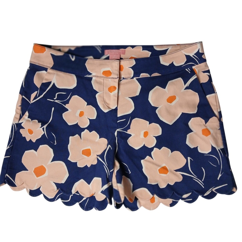 Isaac Mizrahi New York Navy Floral Scalloped Hem Shorts Size 10 Pink‎ Orange